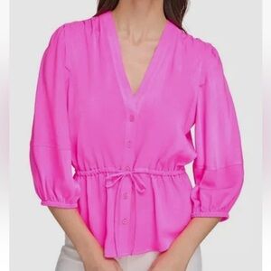 DKNY Women's Pink Satin 3/4-Sleeve Peplum Top Shocking Pink Size S